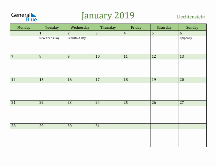 January 2019 Calendar with Liechtenstein Holidays