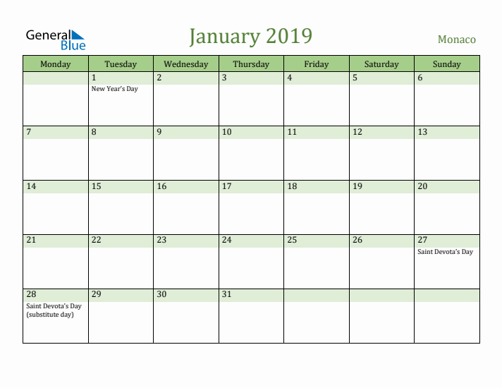 January 2019 Calendar with Monaco Holidays