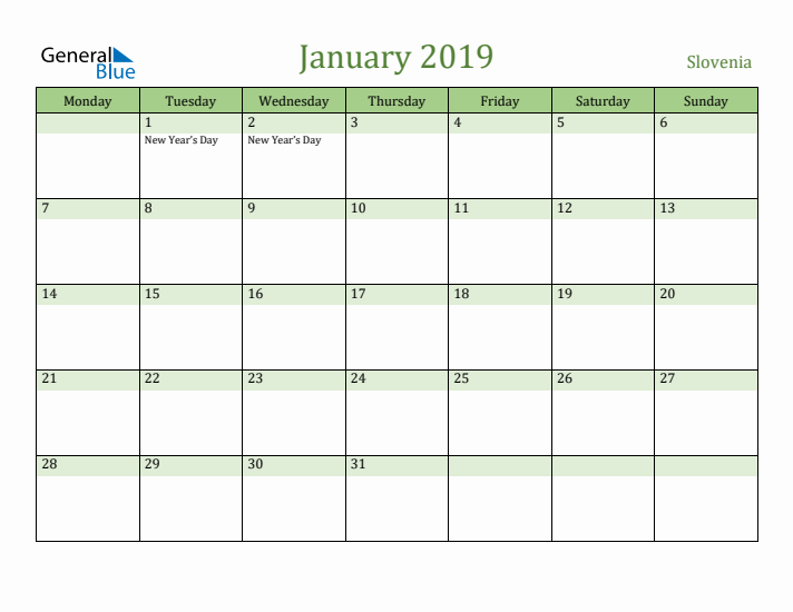 January 2019 Calendar with Slovenia Holidays