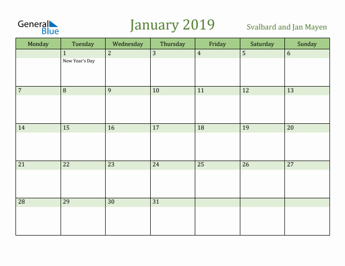 January 2019 Calendar with Svalbard and Jan Mayen Holidays