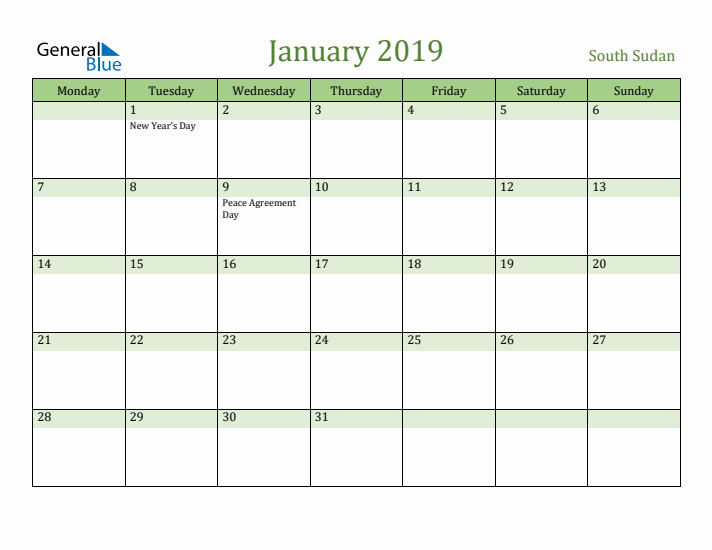 January 2019 Calendar with South Sudan Holidays