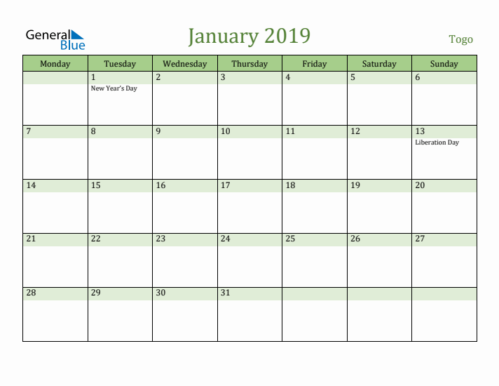 January 2019 Calendar with Togo Holidays