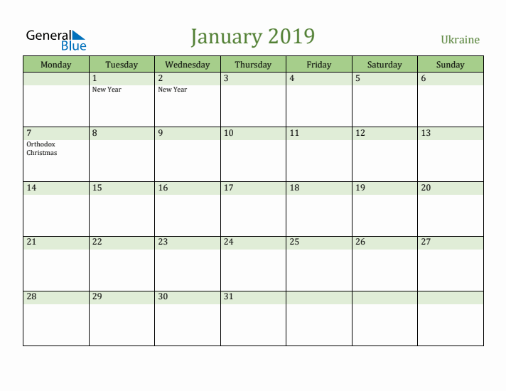 January 2019 Calendar with Ukraine Holidays