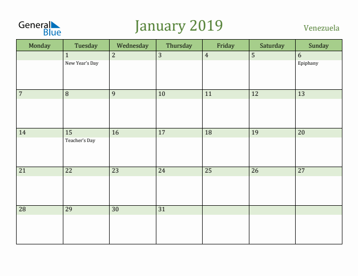 January 2019 Calendar with Venezuela Holidays