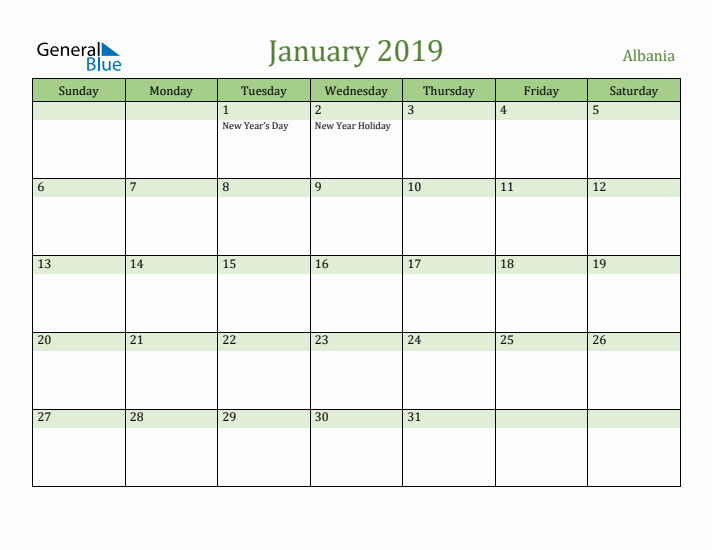 January 2019 Calendar with Albania Holidays