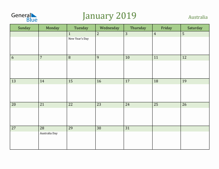 January 2019 Calendar with Australia Holidays