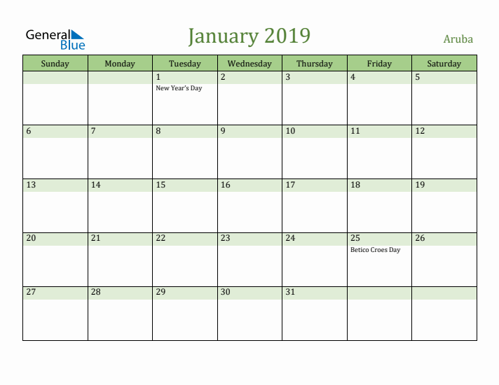 January 2019 Calendar with Aruba Holidays