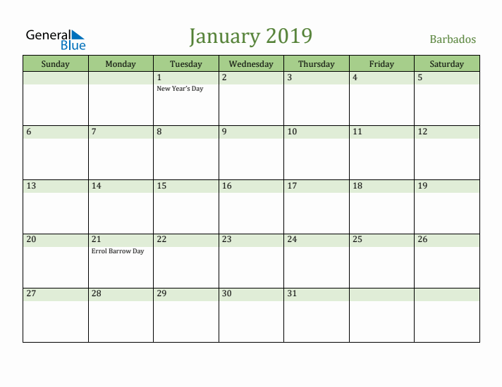 January 2019 Calendar with Barbados Holidays