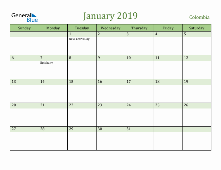 January 2019 Calendar with Colombia Holidays