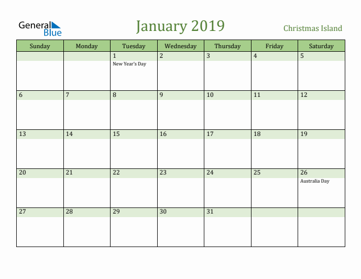 January 2019 Calendar with Christmas Island Holidays