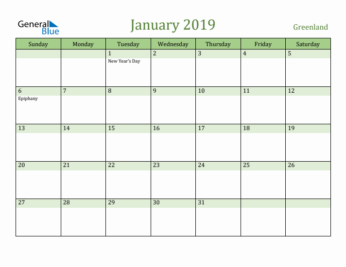 January 2019 Calendar with Greenland Holidays