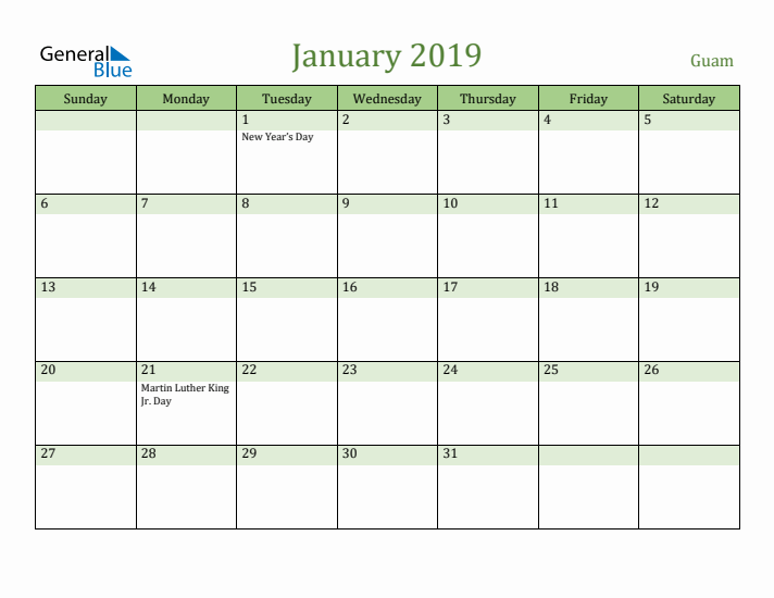 January 2019 Calendar with Guam Holidays