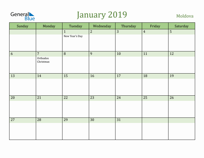 January 2019 Calendar with Moldova Holidays