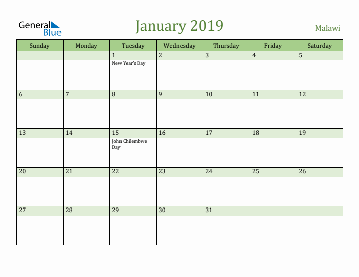 January 2019 Calendar with Malawi Holidays