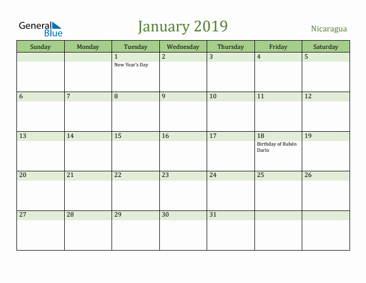 January 2019 Calendar with Nicaragua Holidays