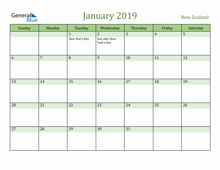 January 2019 Calendar with New Zealand Holidays