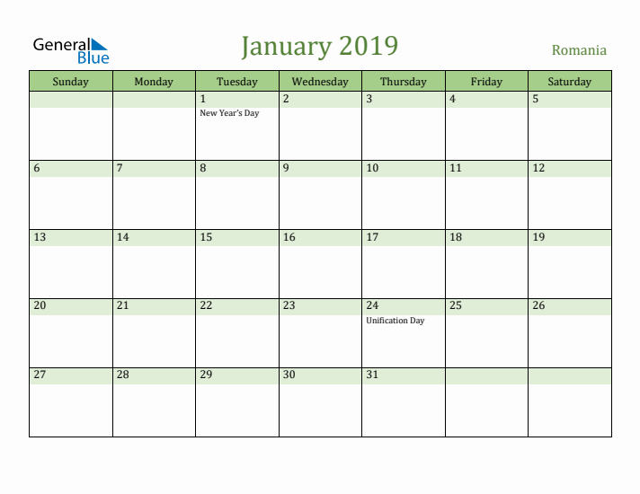 January 2019 Calendar with Romania Holidays