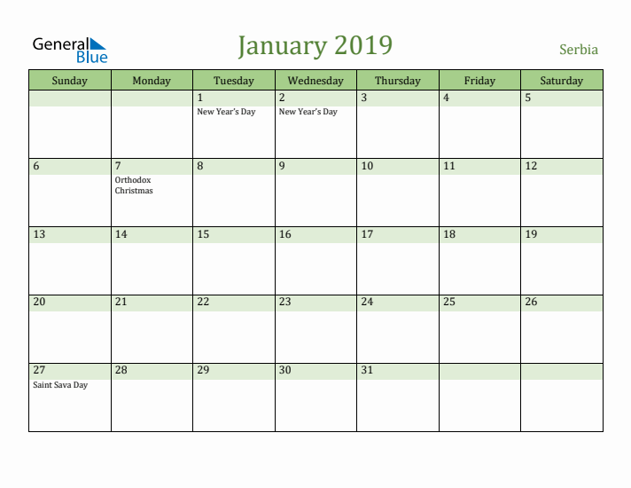 January 2019 Calendar with Serbia Holidays