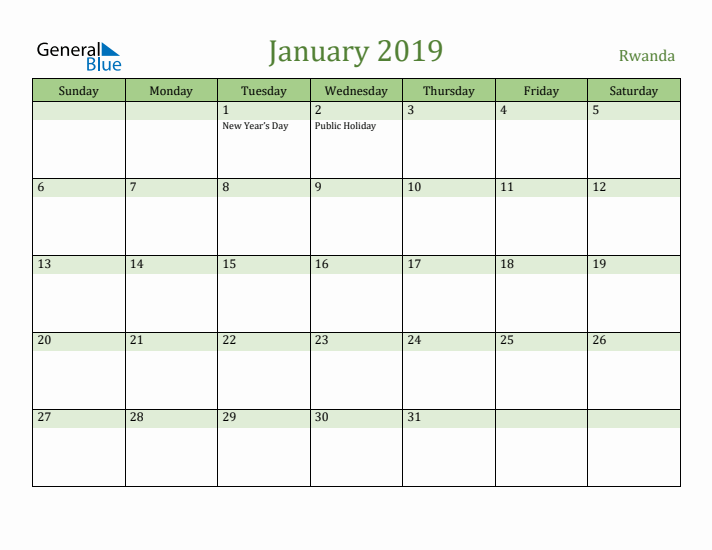 January 2019 Calendar with Rwanda Holidays