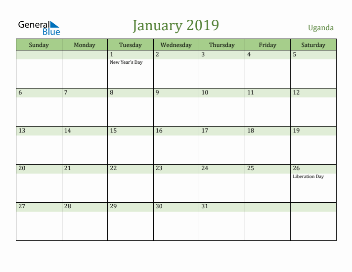 January 2019 Calendar with Uganda Holidays