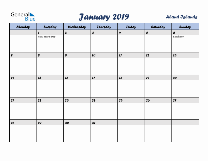 January 2019 Calendar with Holidays in Aland Islands