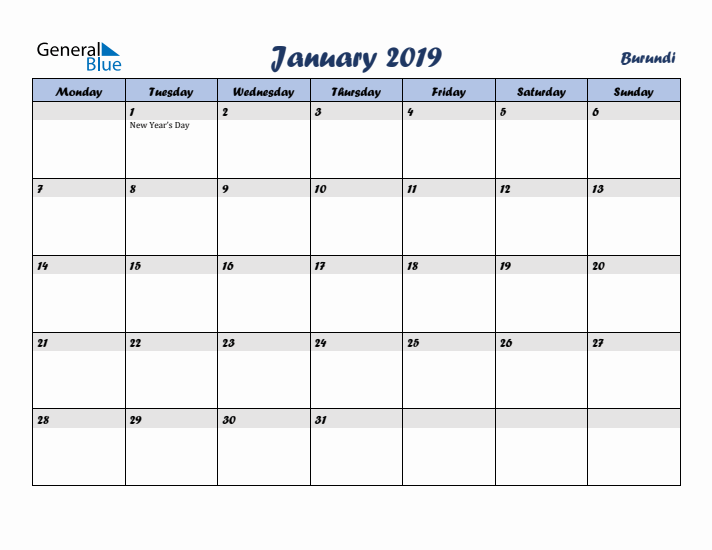 January 2019 Calendar with Holidays in Burundi