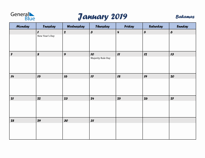 January 2019 Calendar with Holidays in Bahamas