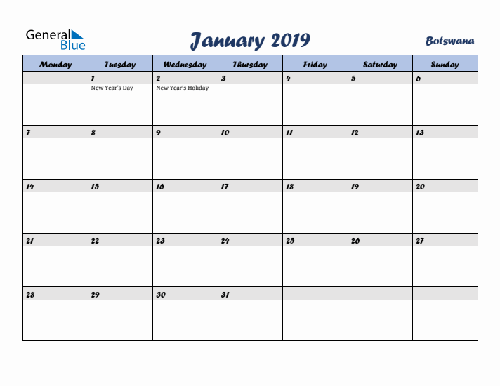 January 2019 Calendar with Holidays in Botswana