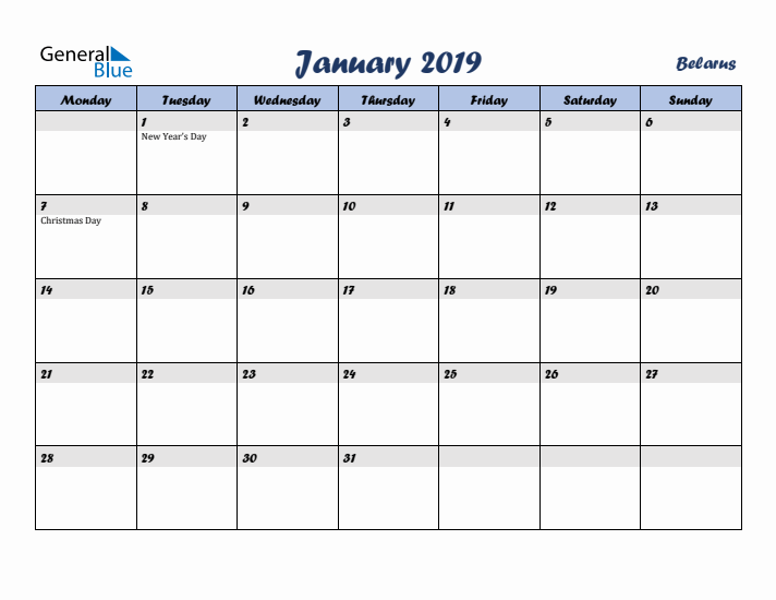 January 2019 Calendar with Holidays in Belarus