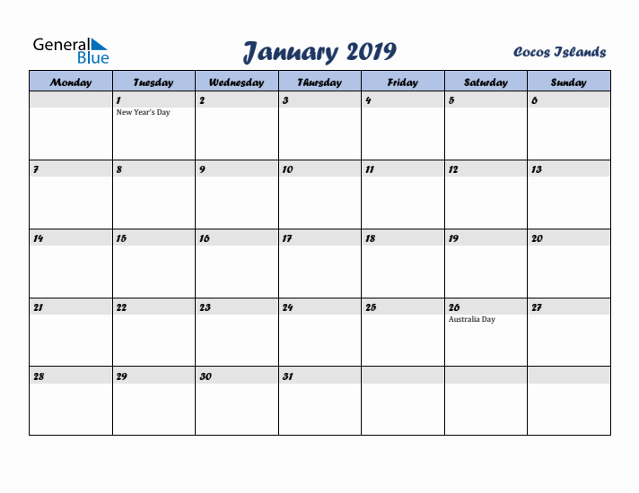 January 2019 Calendar with Holidays in Cocos Islands