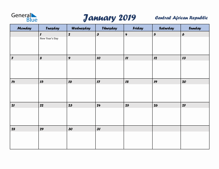 January 2019 Calendar with Holidays in Central African Republic