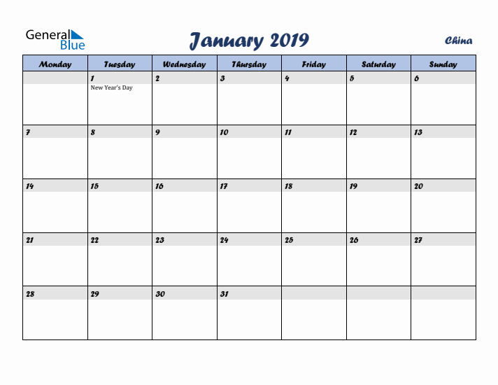 January 2019 Calendar with Holidays in China