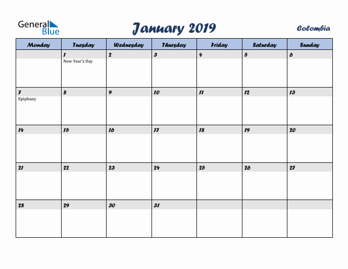 January 2019 Calendar with Holidays in Colombia