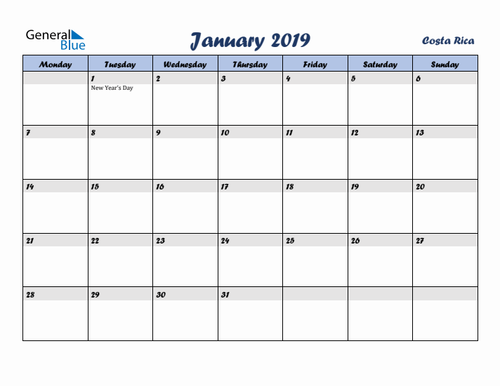 January 2019 Calendar with Holidays in Costa Rica