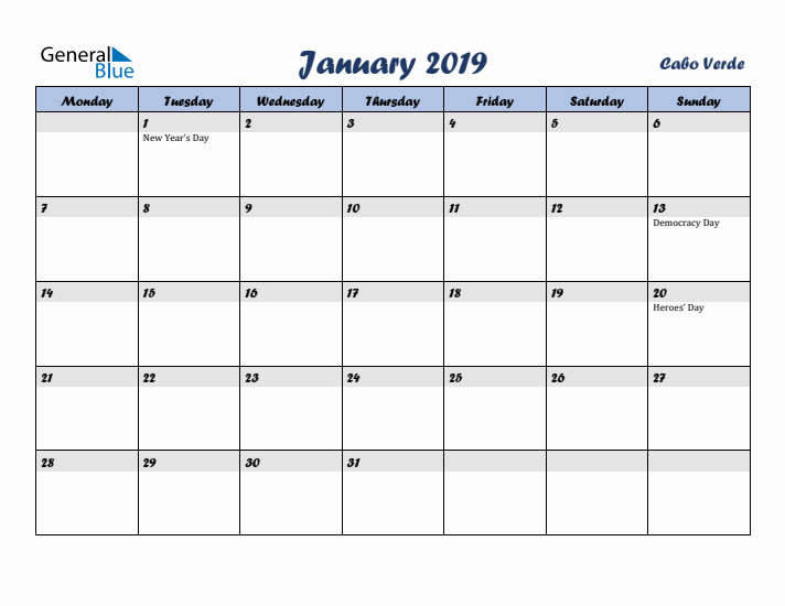 January 2019 Calendar with Holidays in Cabo Verde