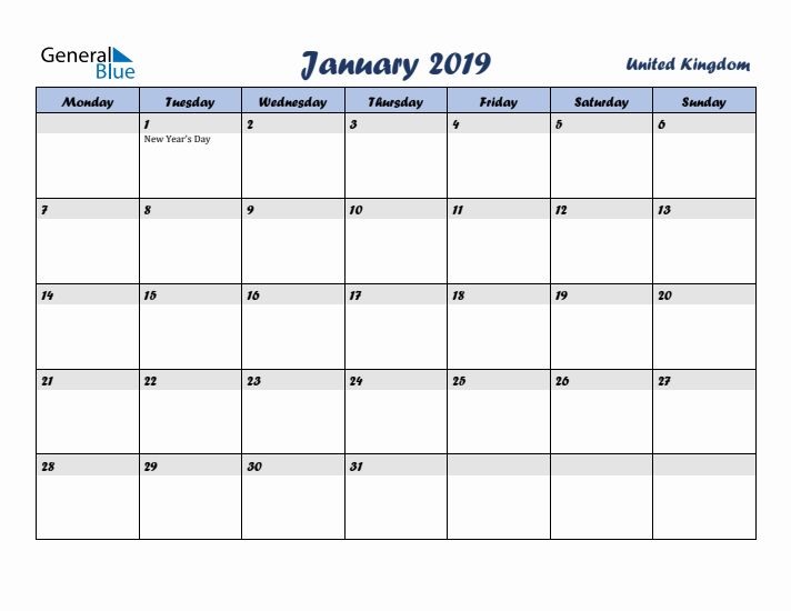 January 2019 Calendar with Holidays in United Kingdom