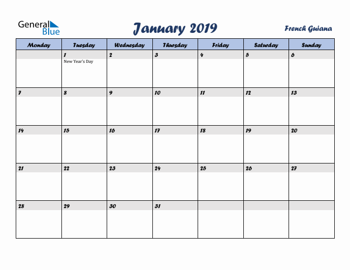 January 2019 Calendar with Holidays in French Guiana