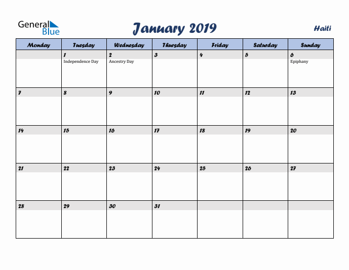 January 2019 Calendar with Holidays in Haiti