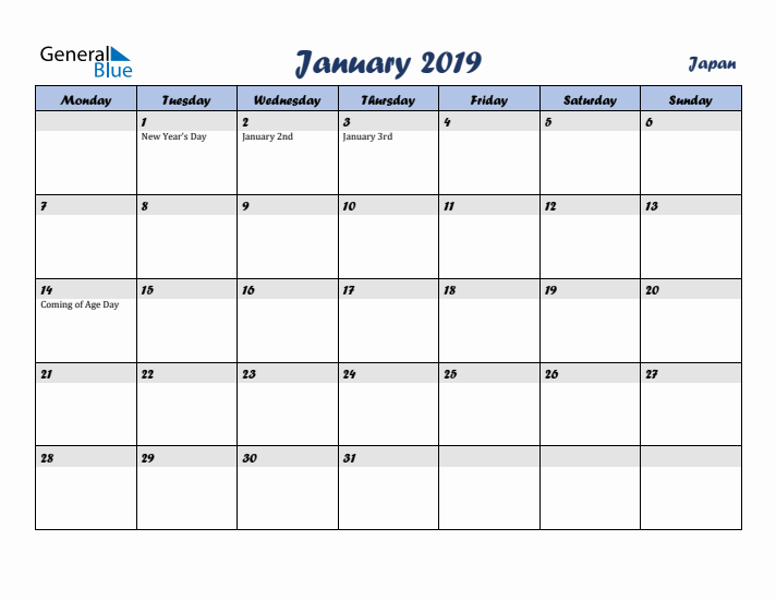 January 2019 Calendar with Holidays in Japan