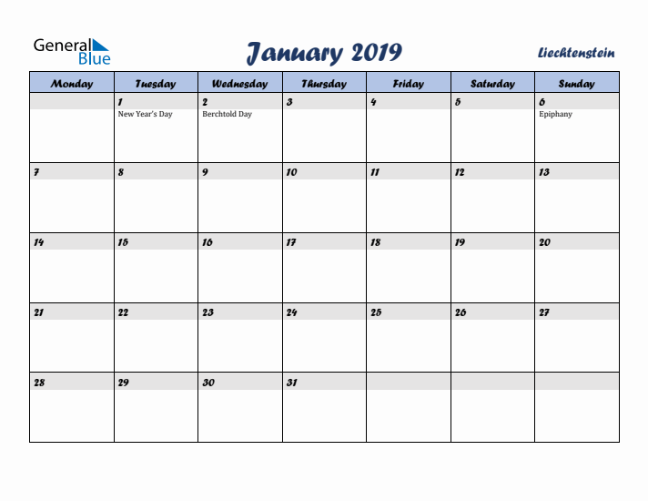 January 2019 Calendar with Holidays in Liechtenstein