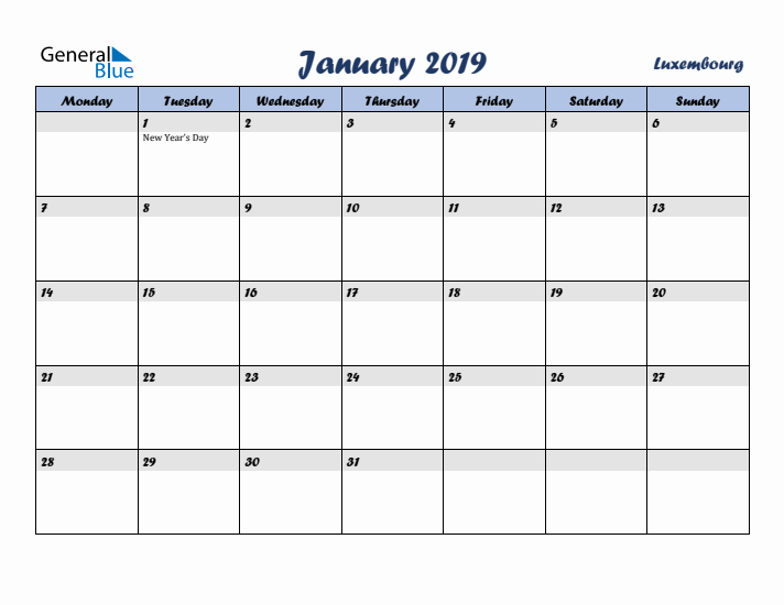 January 2019 Calendar with Holidays in Luxembourg