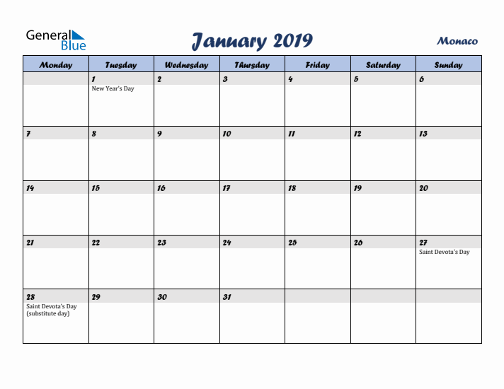 January 2019 Calendar with Holidays in Monaco