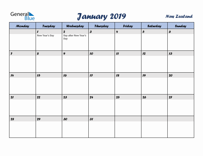 January 2019 Calendar with Holidays in New Zealand