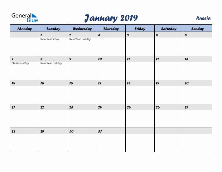 January 2019 Calendar with Holidays in Russia