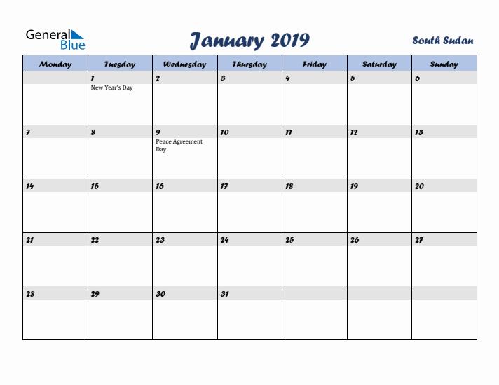 January 2019 Calendar with Holidays in South Sudan