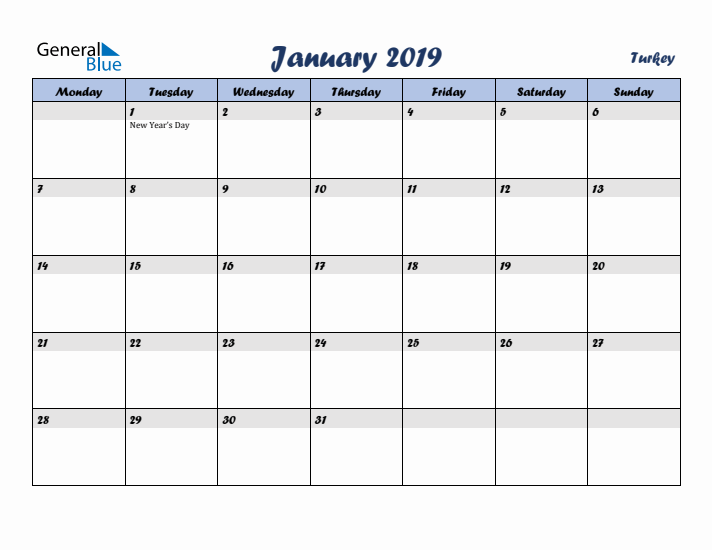 January 2019 Calendar with Holidays in Turkey