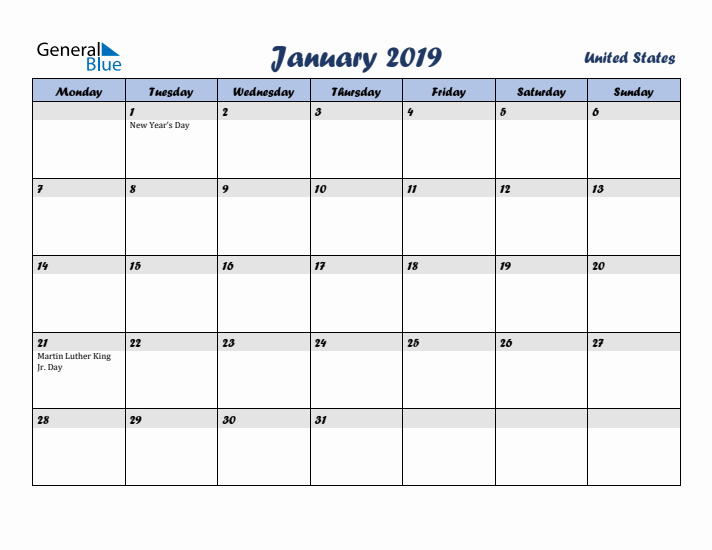 January 2019 Calendar with Holidays in United States