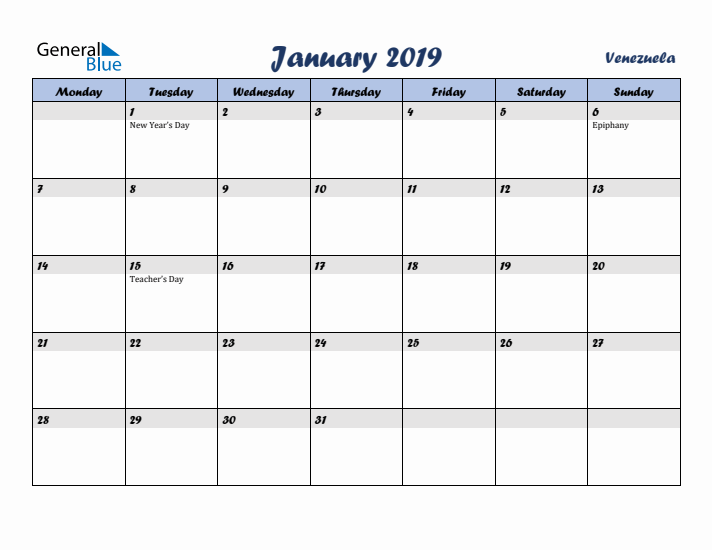 January 2019 Calendar with Holidays in Venezuela