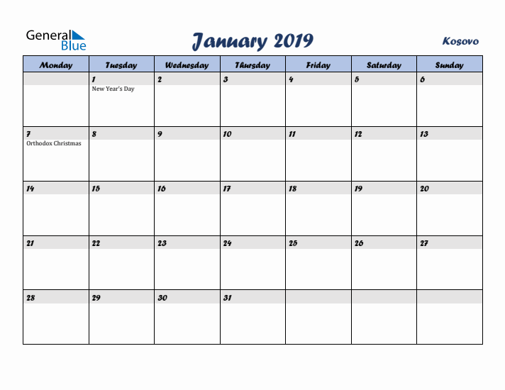 January 2019 Calendar with Holidays in Kosovo