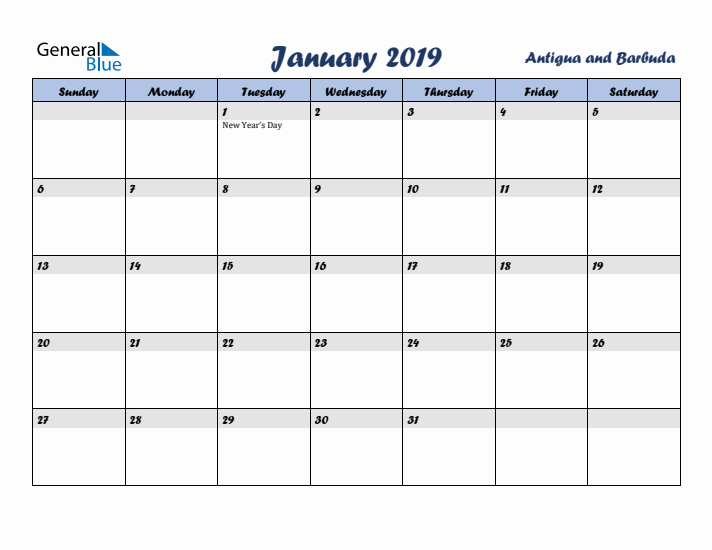 January 2019 Calendar with Holidays in Antigua and Barbuda